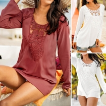 Fashion Solid Color Long Sleeve Round Neck Lace Spliced T-shirt