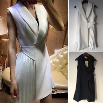 OL Style Sleeveless Notched Lapel Pleated Hem Solid Color Dress