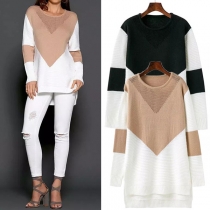 Fashion Contrast Color Long Sleeve Round Neck High-low Hem Sweater