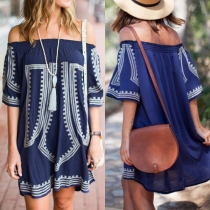 Sexy Off-shoulder Boat Neck Short Sleeve Embroidered Loose Beach Dress