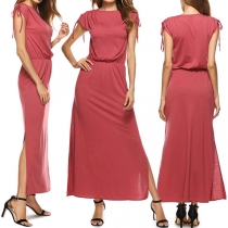 Fashion Solid Color Short Sleeve Round Neck Slit Hem Elastic Waist Maxi Dress