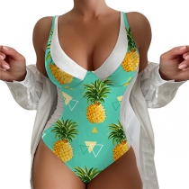 Sexy Backless Deep V-neck Pineapple Printed One-piece Swimsuit