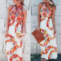 Bohemian Style Sleeveless Elastic Waist Printed Chiffon Maxi Dress