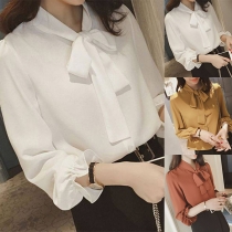 OL Style Trumpet Sleeve Lace-up Bowknot Solid Color Blouse