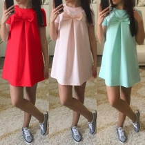 Sweet Style Short Sleeve Round Neck Solid Color Bowknot Dress