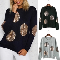 Fashion Long Sleeve Round Neck Sequin Spliced Knit Sweater