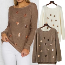 Fashion Long Sleeve Round Neck High-low Hem Sequin Spliced Sweater