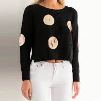 Fashion Long Sleeve Round Neck High-low Hem Sequin Spliced Crop Sweater
