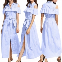 Sexy Off-shoulder POLO Collar Single-breasted Ruffle Striped Dress