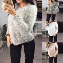 Sweet Style Long Sleeve Round Neck Pearl Beaded Sweater