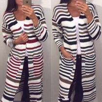 Fashion Long Sleeve Contrast Color Striped Sweater Cardigan
