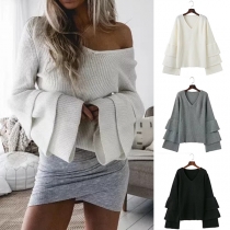 Fashion Trumpet Sleeve V-neck Solid Color Sweater