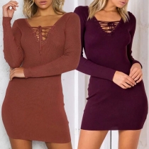 Sexy Lace-up Deep V-neck Long Sleeve Solid Color Knit Tight Dress