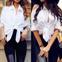 Sexy Off-shoulder Long Sleeve POLO Collar Solid Color Shirt