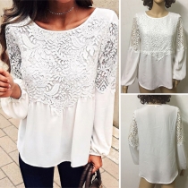 Fashion Solid Color Lace Spliced Long Sleeve Round Neck Chiffon Top