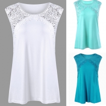 Fashion Lace Spliced Sleeveless Round Neck Solid Color T-shirt