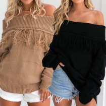 Sexy Off-shoulder Tassel Boat Neck Long Sleeve Solid Color Sweater