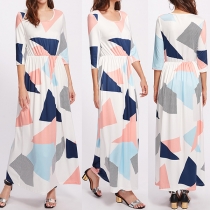 Fashion Half Sleeve Round Neck Rhombus Printed Dress