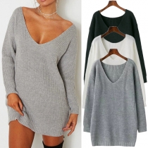 Fashion Solid Color Long Sleeve V-neck Loose Sweater Dress