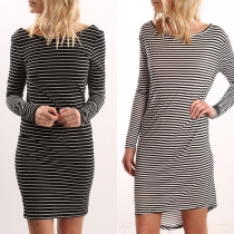 Sexy Backless Long Sleeve Round Neck Striped Dress