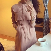 OL Style Long Sleeve POLO Collar Solid Color Shirt Dress
