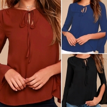 Fashion Slit Trumpet Sleeve Round Neck Solid Color Top