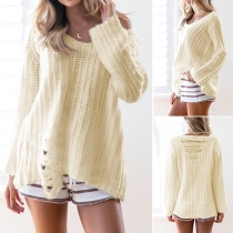 Fashion Solid Color Long Sleeve V-neck Ripped Sweater
