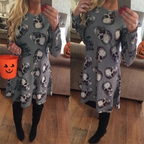 Chic Style Skull Head Printed Long Sleeve Round Neck Dress