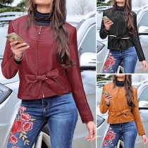 Fashion Solid Color Long Sleeve Slim Fit PU Leather Jacket with Waist Strap