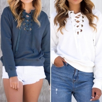 Fashion Solid Color Long Sleeve Lace-up V-neck Sweatshirt
