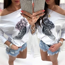 Sexy Oblique Shoulder Long Sleeve Sneaker Printed T-shirt