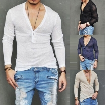 Fashion Solid Color Long Sleeve V-neck Men's Casual T-shirt
