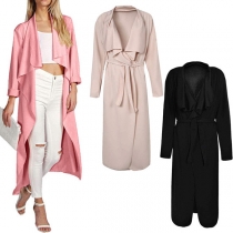 Fashion Solid Color Long Sleeve Lapel Windbreaker Coat with Waist Strap