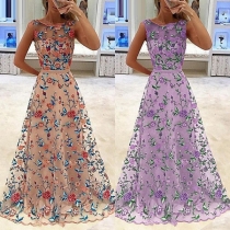 Sexy V-shaped Backless Sleeveless Round Neck Embroidered Evening Dress