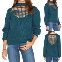 Sexy Hollow Out Long Sleeve Mock Neck Solid Color Sweater