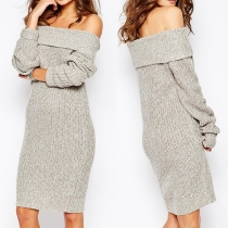 Sexy Off-shoulder Boat Neck Long Sleeve Solid Color Slim Fit Sweater Dress