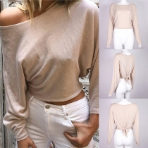 Fashion Solid Color Long Sleeve Round Neck Knotted Hem Knit Top