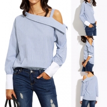 Sexy Asymmetrical One-shoulder Long Sleeve Striped Blouse