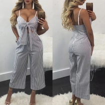 Sexy Backless Hollow Out High Waist Striped Sling Jumpsuit