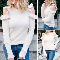 Sexy Off-shoulder Long Sleeve Round Neck Ruffle Solid Color T-shirt
