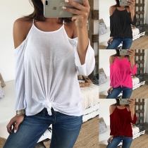 Sexy Backless Off-shoulder Long Sleeve Solid Color T-shirt