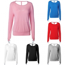 Fashion Round-neck Solid Color T-back Cutout Long Sleeve Shirt