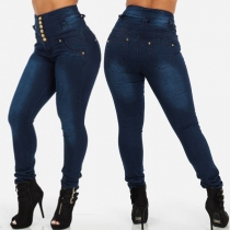 Fashion Solid Color High Waist Buttoned Skinny Jeans