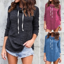 Casual Style Long Sleeve Drawstring Turtleneck Loose Top