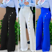 Fashion Solid Color High Waist Buttons Slit Hem Flared Pants