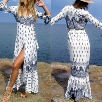 Bohemian Style Long Sleeve V-neck Slit Hem Printed Dress