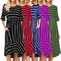 Fashion Half Sleeve Round Neck Ruffle Hem Striped Dress