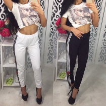 Fashion Striped Spliced Elastic Waist Embroidered Casual Pants