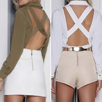 Sexy Backless Long Sleeve Solid Color Shirt