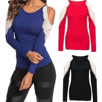Sexy Off-shoulder Lace Spliced Long Sleeve Round Neck T-shirt